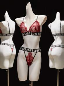 SHEIN Seduluxe Set de 2 piezas de lencería con sujetador inalámbrico y panty con detalles de encaje y estampados de letras para mujer