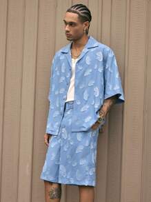 AXEPEAK Set 2 buc cămașă și pantaloni scurți albaștri largi pentru bărbați, stil streetwear, cămașă cu mânecă scurtă și pantaloni scurți cu guler cubanez - Albastru - Vizualizare 3