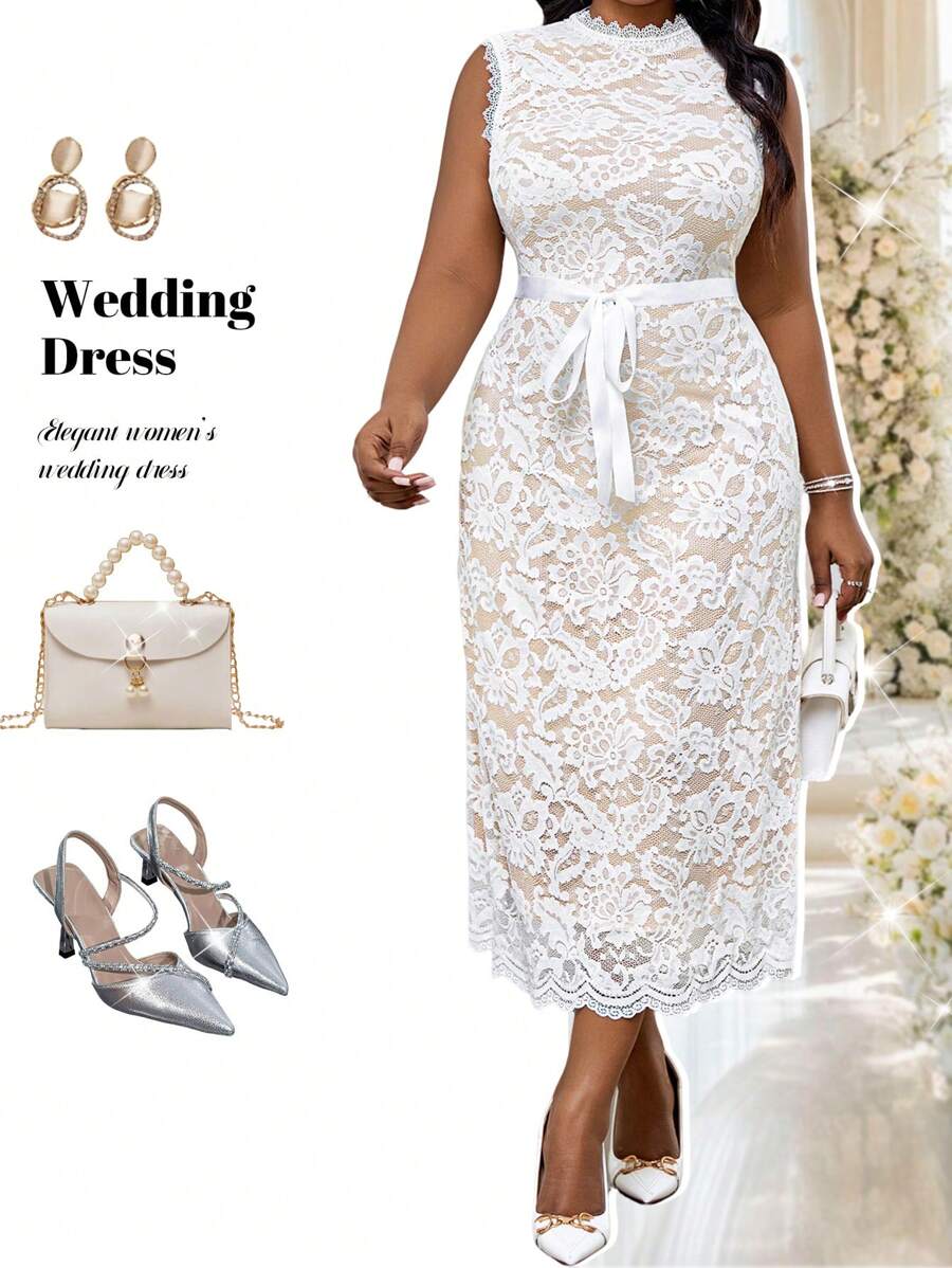 Fleurora 春夏优雅通勤办公室黑白针织圆领系带中长无袖大码连衣裙