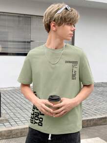 SHEIN 青少年男孩休闲柔软针织简约实用百搭短袖 T 恤，适合外出 - 軍綠色 - 查看 3