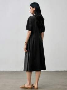 Dazy-Less 夏季女士商务休闲扭结褶皱简约宽松A字中长连衣裙，教师装长款连衣裙 - 黑色 - 查看 3