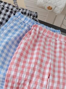 3 pièces/Set Pantalons Pour Jeunes Filles - Coordonnés Couleur Dopamine, Pantalons Droits à Imprimé à Carreaux Floraux Volantés Décontractés Et Fins Pour Filles, Pour Un Porter Quotidien - Multicolore - Voir 5