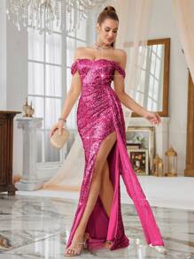 SHEIN Belle Women Sequin Off-Shoulder Sleeveless Cinched Waist High Slit Formal Dress, Elegant Prom Evening Dress. Women Party Dresses Women's Formal Dress Women Formal Dress Women Formal Long Dress Women Dresses Wedding Guest Dress - Hot Pink - View 3