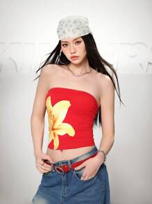 SHEIN EZwear 女士性感修身弹力抹胸，红色夏季，毕业，度假，乡村音乐会，音乐会女士，老钱风格女士，外出上衣，节日，度假，生日，可爱夏季 - 紅色 - 查看 3