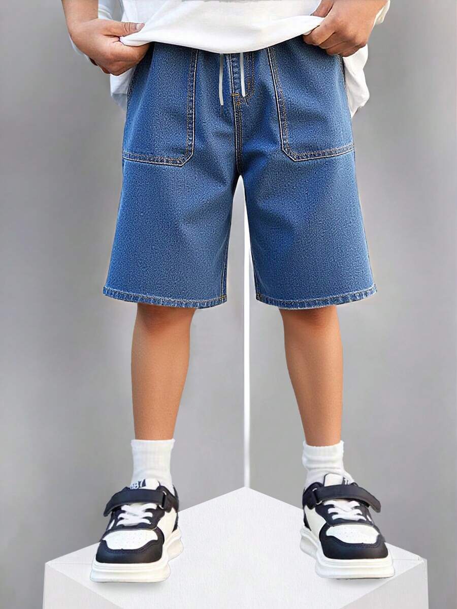 SHEIN Denimly Little Boy Cool Street Sports Wind Washed Blue Drawstring Elastic Waist Denim Shorts - Dark Wash - View 1