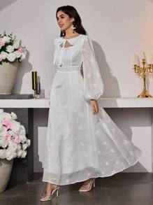 Modelyn 女士优雅珍珠缀饰水彩雪纺系腰 A 字连衣裙 - 白色 - 查看 7