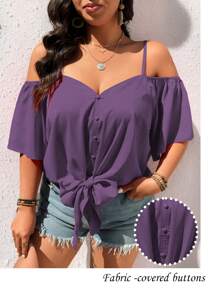 EMERY ROSE Áo sơ mi hở vai cổ chữ V giản dị thời trang cổ điển - Màu tím - Xem 4