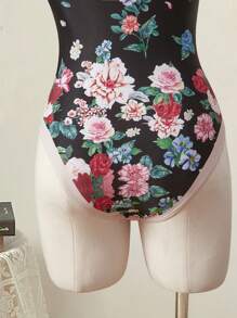 SHEIN MOD 2pcs/Set Vintage Floral Tie Shoulder Beachwear, Swimsuit With Coverup,Beach,Hawaiian, Elegant,Floral,Mesh,Sheer , Vacation Swimsuit,Country Concert Outfit - Black - View 7