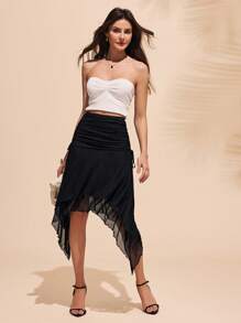 Almamuse Women Bodycon Asymmetrical Mesh Black Skirt - Black - View 6