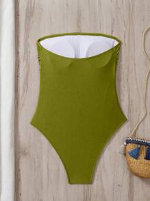 Swim Chiccia Women Solid Color Ruched Strapless One-Piece Swimsuit, Beach Summer Outfits