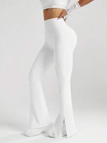 Eassivo Eassivo Women's Solid Color High Waist Split Hem Flare Sports Pants - White - View 4