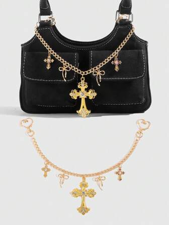 Goth 1 pezzo Ciondolo con catena decorata con croce dorata e fiocco, adatto per decorazione da viaggio
