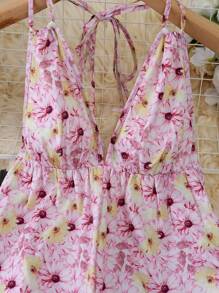 INAWLY Mono de pierna ancha con estampado, cuello de halter y espalda descubierta para mujer, estilo sexy de vacaciones - Rosa Pálido - Ver 5