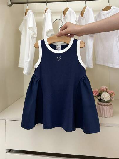 Souflis Souflis Toddler Girls' Indigo Blue Sporty Casual Dress, Knit & Woven Patchwork Asymmetric Colorblock, Suitable For Baby Girl Summer Play, Home, Holiday, Sweet & Cute