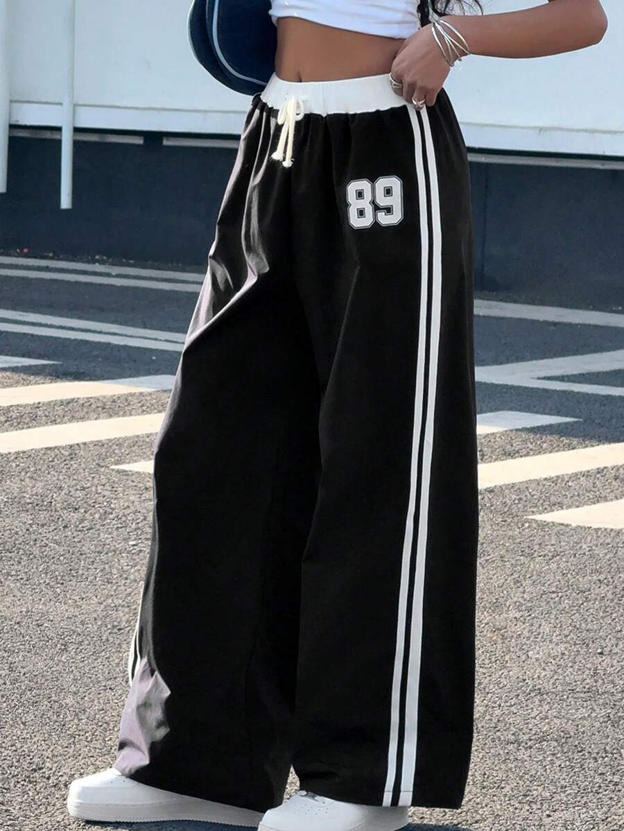 SHEIN 少女宽松拼色印花阔腿裤,休闲度假街头风,春夏 - 黑色 - 查看 1