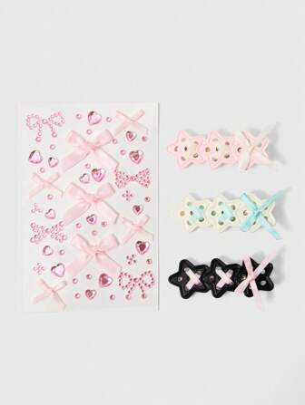 Kawaii Cute Girl Sweet Music Festival Bow, Glitter & Facial Gems, Sweet & Cool Star Ribbon Bow Barrette Clips, Facial Gems And Hair Accessories Set, Suitable For Party, Stage Performance, Music Festival