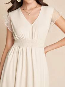 SHEIN Clasi Summer Women's Elegant Women's Solid Color Contrast Mesh V-Neck Cinched Waist Small Cap Sleeve A-Line Dress, Suitable For Various Occasions To Wear - Apricot - View 6