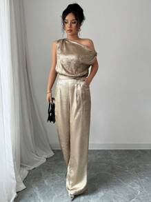 INAWLY 女式闪亮材质不对称领口连体裤 - 金色 - 查看 6