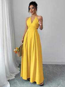 Elenzga 度假风深V露背镂空黄色长裙，纯色 - 黃色 - 查看 3