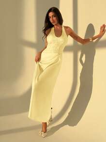 Aloruh Halter Tie-Up Deep V Sleeveless Bodycon Lace Patchwork Color-Block Dress For Women,Graduation Dresses,Butter Yellow Dress - Yellow - View 7