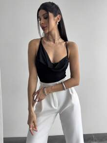 Firerie New Elegant Sexy Party Music Festival Back-To-School Vacation Date Outfit: Black Crisscross Backless Spaghetti Strap Uneven Bustier Tight-Fitting Bodysuit, Shiny Material, Spring/Summer, Concert Outfit Women