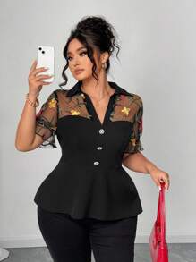 Elenzga Woven Mesh Embroidery Panel Blouse Woman S Summer Clothes Women Summer Sets Women S Clothes Women Summer Clothing Work Summer Shirt Women Plus Clothing Business Casual Women Plus Clothing Formal - Black - View 1