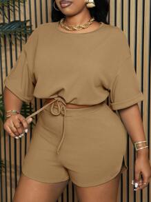 Slaydiva Slayr 大码纯色抽绳开衩女式两件套休闲夏季套装 - 棕色 - 查看 5