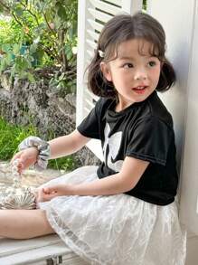 SHEIN Young Girls Casual Bow Front Short Sleeve T-Shirt And Skirt 2-Piece Set - Black and White - View 7