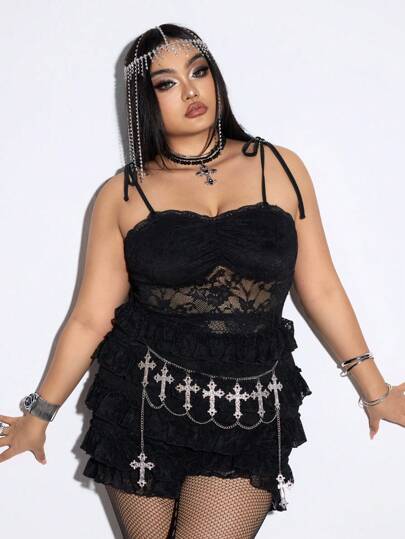 Kawaii Plus Size Women's Sexy Lace Ruffled Edge Jumpsuit, Suitable For Valentine's Day