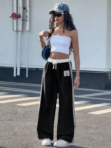 SHEIN 少女宽松拼色印花阔腿裤，休闲度假街头风，春夏 - 黑色 - 查看 4