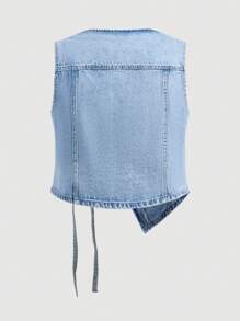 SHEIN ICON Plus Size Women New Fashion Sleeveless Denim Vest Jacket Summer For Women Festival Elegant Vacation - Light Wash - View 2