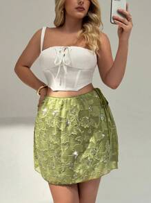 Auralis 大码夏季伊比沙岛辣妹婚礼宾客半身裙 女士度假生日狂欢早午餐生日游轮海滩度假仙女风夏季下装鼠尾草绿半身裙 Y2k 水钻装饰打结设计优雅通勤性感迷你裙，夏季绿色半身裙 - 綠色 - 查看 4