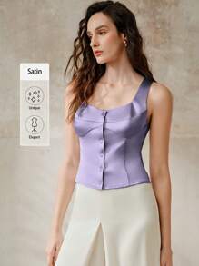 Chiquease 优雅休闲修身女式缎面方领纽扣背心