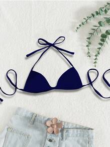 Swim SXY Women Summer Beach Solid Color Halter Tie Bikini Top