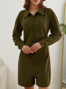 EURMUSE Women Cotton Textured Collar Detail Lounge Jumpsuit - Dark Green - View 5