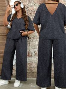 SHEIN LUNE Plus Size Women V-Neck Short Sleeve T-Shirt And Pants 2 Pieces Casual Loose Suit Summer Outfits For Women Two Pieces Set Women Summer New Design Summer Outfits For Women - Dark Grey - View 11