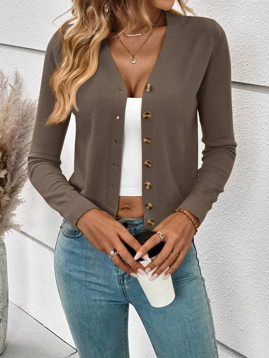 SHEIN Frenchy 女士纯色长袖单排扣开衫，酒红色，秋冬针织毛衣