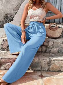 SHEIN Tall 黑色阔腿裤，休闲简约，适合度假、音乐节、日常穿着、春季，薄针织面料