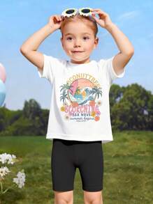 SHEIN 2pcs/Set Girls Young Girl Casual Letter, Wave & Palm Tree Print Round Neck Short Sleeve T-Shirt And Bike Shorts Set, Summer Beach Vacation Outfit, Girl Gift - Multicolor - View 3