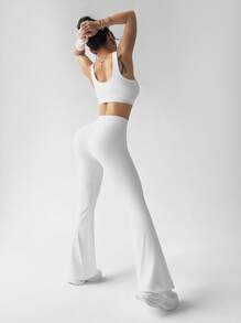 Eassivo Eassivo Women's Solid Color High Waist Split Hem Flare Sports Pants - White - View 6