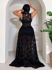 Maweii 大码女式无袖高弹蕾丝网纱立领收腰A字性感连衣裙，适合女士度假穿着、假日连衣裙 - 黑色 - 查看 3