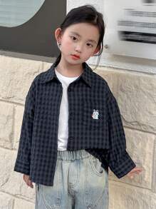 Dazy Kids 年轻女孩格子印花卡通刺绣休闲长袖衬衫，秋装 - 藍色 - 查看 4