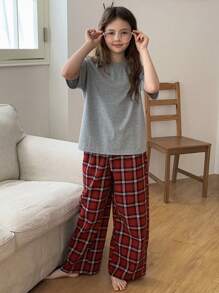 Áo thun dệt kim cổ tròn tay ngắn cho bé gái tuổi teen + Quần dài kẻ caro trang phục mặc nhà, Xuân/Hè - Nhiều màu - Xem 3