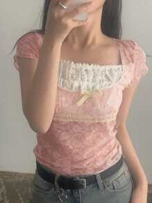 DAZY Áo thun ngắn tay mùa hè giản dị có nơ ren tương phản dành cho phụ nữ trẻ, áo crop top nữ - Hồng - Xem 7