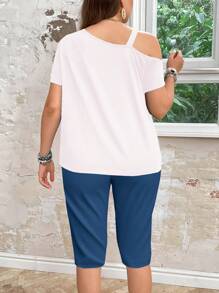SHEIN LUNE 2 chiếc/bộ cỡ lớn in hình trái tim và hoa thiết kế tối giản giản dị, thích hợp cho mùa hè - Xanh và trắng - Xem 2