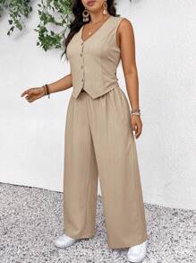 SHEIN Frenchy Conjunto de chaleco y pantalones para mujer de talla grande, de moda y casual para primavera/verano, nuevo conjunto de 2 piezas con textura en color albaricoque, atuendo casual de negocios para mujer