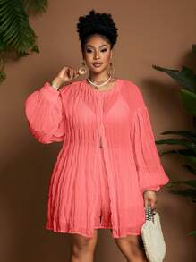 Maweii 2pcs Set Plus Size Elegant Casual Holiday Ruched Lantern Sleeve Top Fall Cloth For Women - Watermelon Pink - View 4
