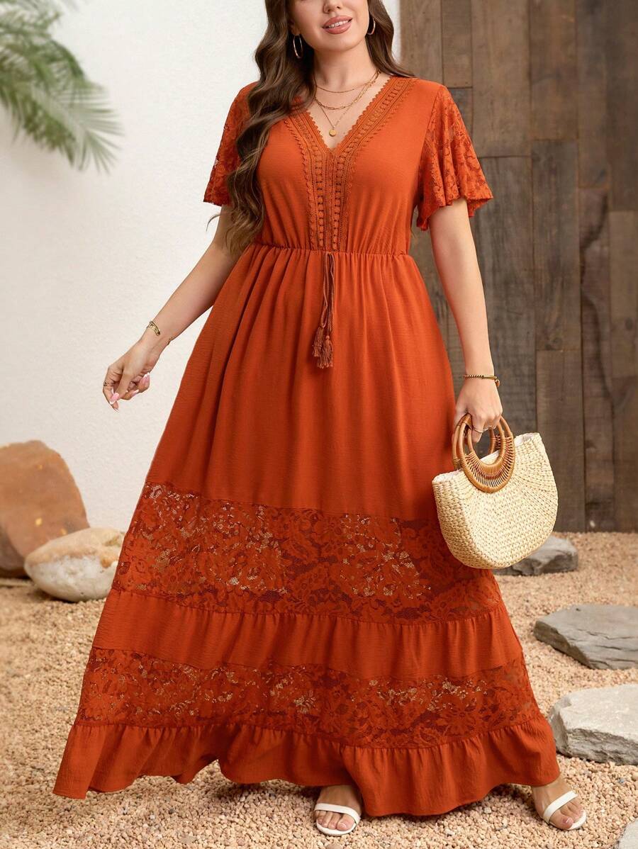 SHEIN Clasi 大码优雅蕾丝拼布 V 领波西米亚风格连衣裙、外出、女式工装裤、复古风女装、女式夏季服装、夏季、度假、女式夏季服装、女式度假服装、夏季女装、Vcay、波西米亚风、女式波西米亚风连衣裙、毕业装、度假连衣裙、女式黄色连衣裙、女式夏季连衣裙、女式夏季服装、母亲节、7 月 4 日、毕业礼服、女式早午餐服装、女式教堂服装、飘逸连衣裙 - 亮橙色 - 查看 1