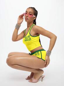 SUMWON WOMEN Athletic Fitness Two Piece Set Summer Gym Running Workout Exercise Crop Top Biker Shorts Training Set Activewear Tracksuit Sport Wear