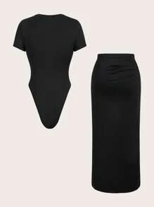 SHEIN Essnce Bộ đồ hai mảnh thường ngày Plsize dành cho nữ, Bộ đồ dệt kim, Bộ đồ liền thân và váy, Bộ đồ hai mảnh mùa hè, Quần áo thường ngày cho nữ, Đầm đen trang trọng cho nữ, Trang phục mùa hè cho nữ với váy băng - màu đen - Xem 2